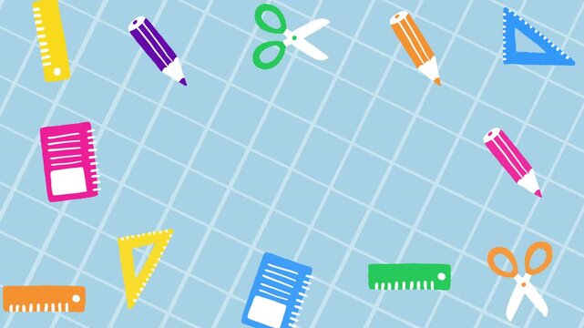 Back To School  Border Colorful Hand drawn Illustrated School Items on a Math Paper Background Doodle Style Animation with Copy Text Space- 4K Horizontal Video 9 sec. Seamless Loop