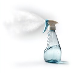 Close up of a blue spray bottle with white nozzle spraying water on a white background studio shot