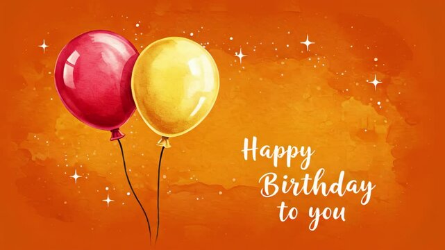 Birthday video card with red and yellow balloons. Festive birthday design with glitter balloons and watercolor background.