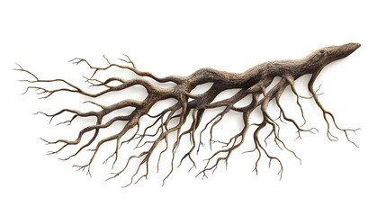 Intricate network of tree roots against a white background