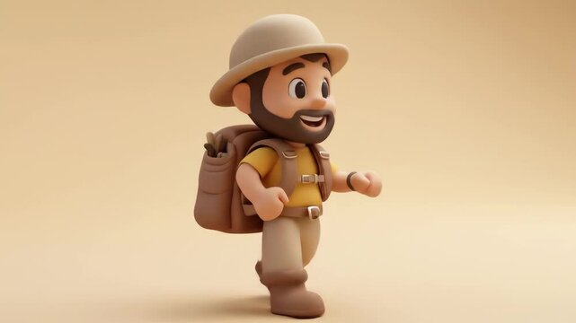 Happy bearded man traveler in hat walking with backpack on beige background. Summer adventure, travel journey concept. Character animation footage.