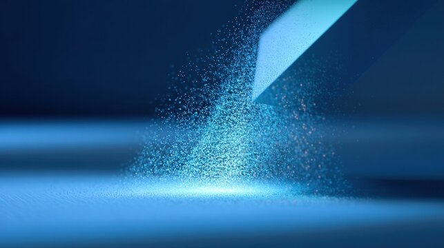 A closeup view showcases the metal powder as it levitates and glows against the backdrop of a semitransparent blueprint