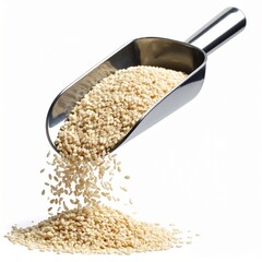 White Sesame Seeds Pouring from Metal Scoop Isolated on White Background.