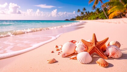 貝殻とヒトデが彩る夏の浜辺 / きらめくビーチの宝物 / 南国の砂浜と海の贈り物