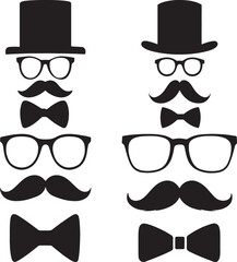 Gentleman Accessories Silhouette Set Featuring Eight Combinations of Top Hats, Mustaches, Glasses, and Bow Ties in Black Vector Style