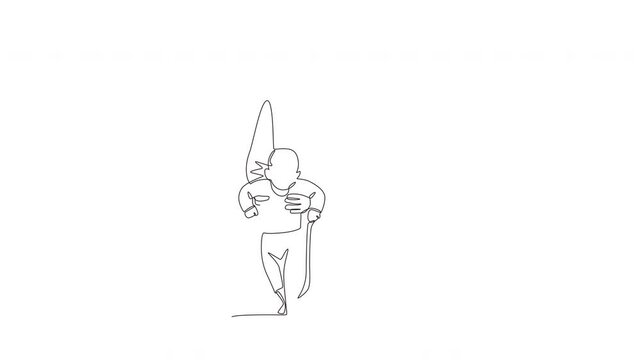 Animated papa holds a child who has just walked. Child first step concept one-line drawing