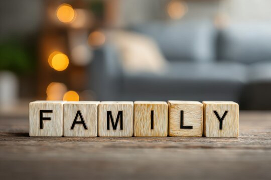 The word 'family' spelled out with wooden blocks on a wooden surface. Represents warmth, love, relationships, and togetherness in a cozy setting with blurred background. - Powered by Adobe