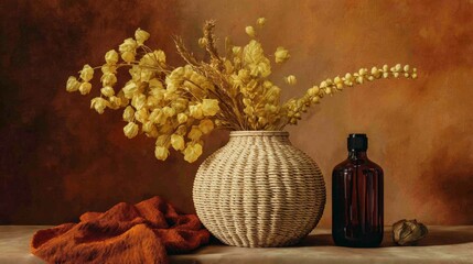 Dried Flowers In Ornate Cream Vase With Brown Glass Bottle