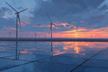 Colorful Pixel Art Sunset Landscape With Wind Turbines