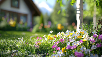 Vibrant spring meadow filled with colorful flowers and charming cottage in background creates serene atmosphere