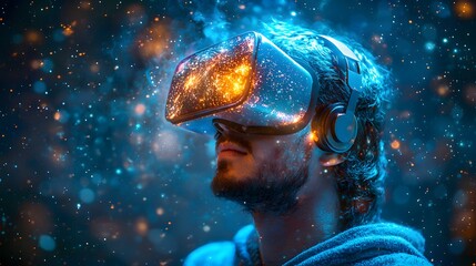 Naklejka premium Man immersed in a glowing virtual reality experience