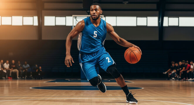 Athletic Man Dribbling Basketball in Blue Uniform During Intense Game on Wooden Court with Blurred Background