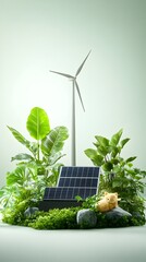 Green energy solar panel, wind turbine, plants