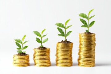Gold coins stacked, growing plants
