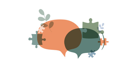 Chat bubbles with puzzles and floral elements.