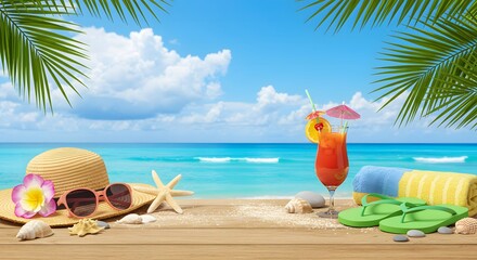 Obraz premium Colorful beach accessories with tropical cocktail by the sea