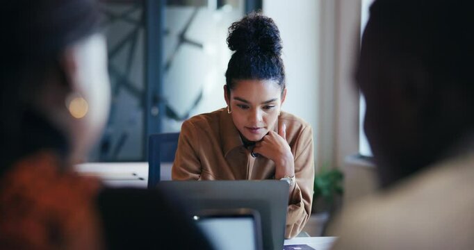 Thinking, business and woman on laptop in office for reading article, editor feedback and report. Journalist, online and ideas for story, proofreading and information of publishing in coworking space