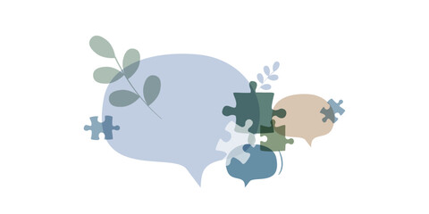 Chat bubbles with puzzles and floral elements.