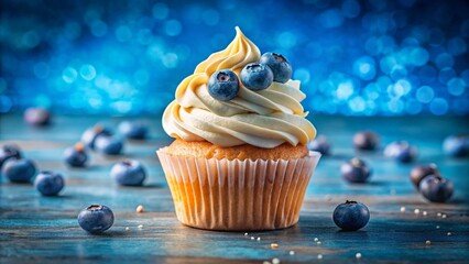 Delicious chocolate cupcakes and blueberry muffins with white whipped cream are sweet baked desserts perfect for any celebration