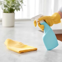 Cleaning surface with spray bottle and yellow cloth wearing yellow protective gloves on marble counter