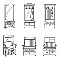 Minimalist hall tree bench line art drawing for interiors