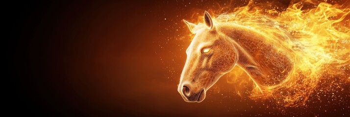 Obraz premium A fiery horse head composed of glowing flames and sparks, set against a dark background.