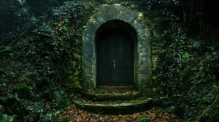 Overgrown stone archway in a lush verdant forest