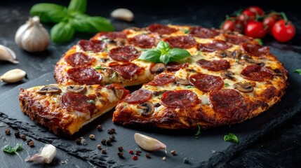 Pepperoni Pizza With Mushroom Toppings On Dark Slate Plate