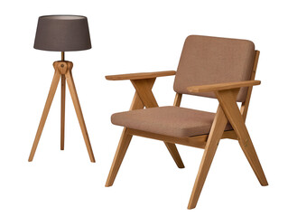Wooden armchair and tripod floor lamp set isolated on transparent background