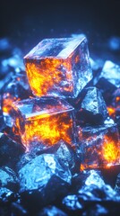 Fiery ice cubes on rocks, dark background, digital art, phone wallpaper