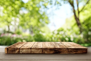 Wooden Tabletop Display Against A Blurred Park Background