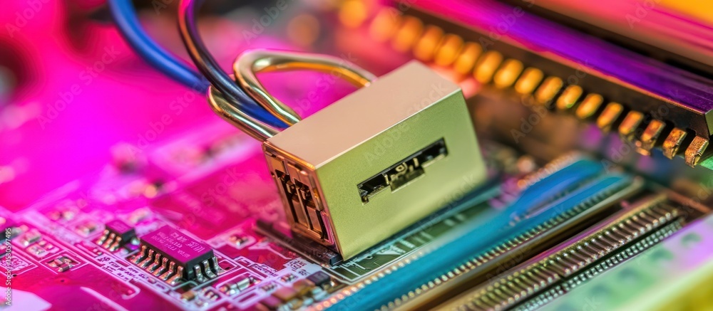 Poster encrypted hardware security concept with padlock on colorful circuit board