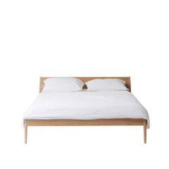 Modern wooden double bed with white bedding isolated on transparent background