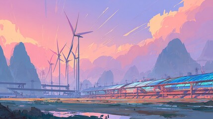Colorful Digital Painting Of Wind Turbines On A Pastel Sunset Landscape