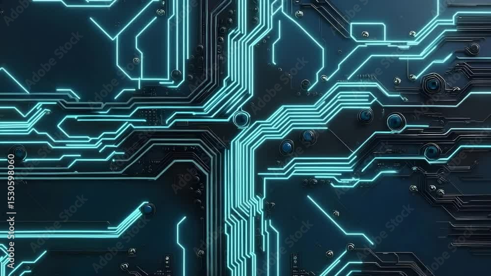Poster a close-up of a futuristic circuit board with glowing blue lines and intricate electronic pathways.