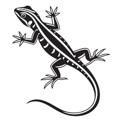 Monochrome lizard climbs diagonally with intricate detailing and pattern over a white background