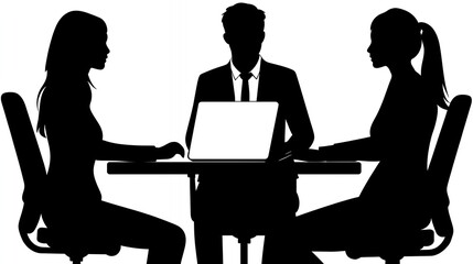 Silhouette Business Meeting Three Figures Around a Table with Laptop