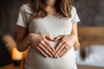 A beautiful pregnant woman making a heart shape on her belly with her hands, symbolizing love, care, and anticipation for the new baby's arrival in the family.