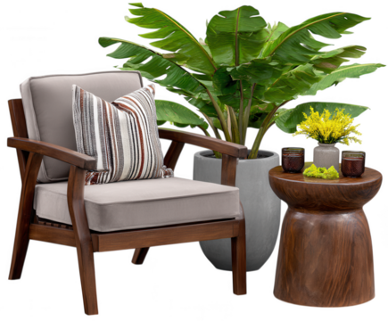 Modern mid century armchair with plant and side table isolated on transparent background - Powered by Adobe