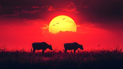 Silhouetted cows in a vibrant sunset landscape