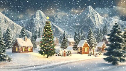 Snowy Christmas village nestled in mountains
