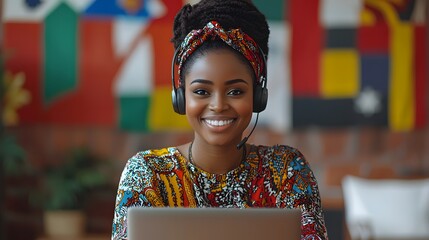 Smiling female translator working remotely with laptop