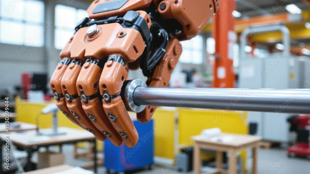 Poster automation factory concept, robotic hand gripping a metallic pipe in a workshop setting.