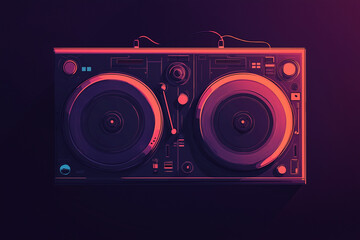 Fototapeta premium Stylized digital illustration of a DJ turntable set in neon pink and purple tones on a dark background