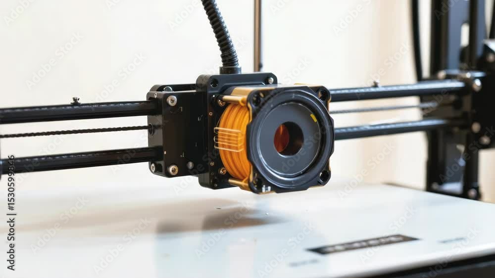 Poster automation factory concept, 3d printer close-up with extruder and rail system visible