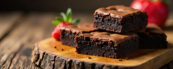 A batch of freshly baked, fudgy chocolate brownies, still warm from the oven, sitting on a rustic wooden board  Perfect for dessert or snacking ,  chocolate chips,  crumbs,  fudge
