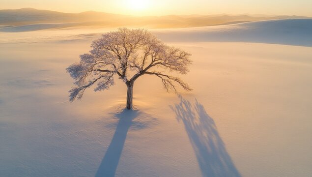 Winter sunrise, lone tree, frosted branches, soft light