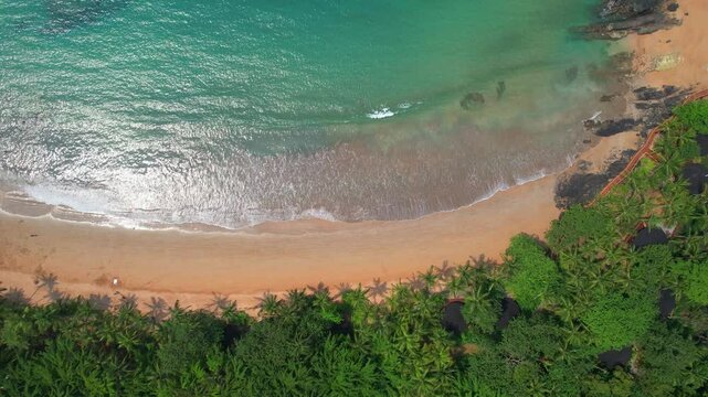 Bird's eyes over the Bom Bom beach with waves breack at sand and sun reflecting at sea in Ilha do Principe (Prince Island) Africa