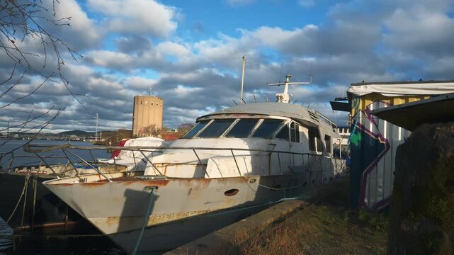 Old boat at Drommarnas Kaj, Gothenburg&rsquo;s Dreamers&rsquo; Quay, Sweden, Pan Shot