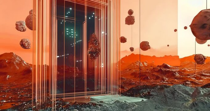 A transparent glass door stands on a rocky, red alien planet, with floating rocks and a mysterious atmosphere.